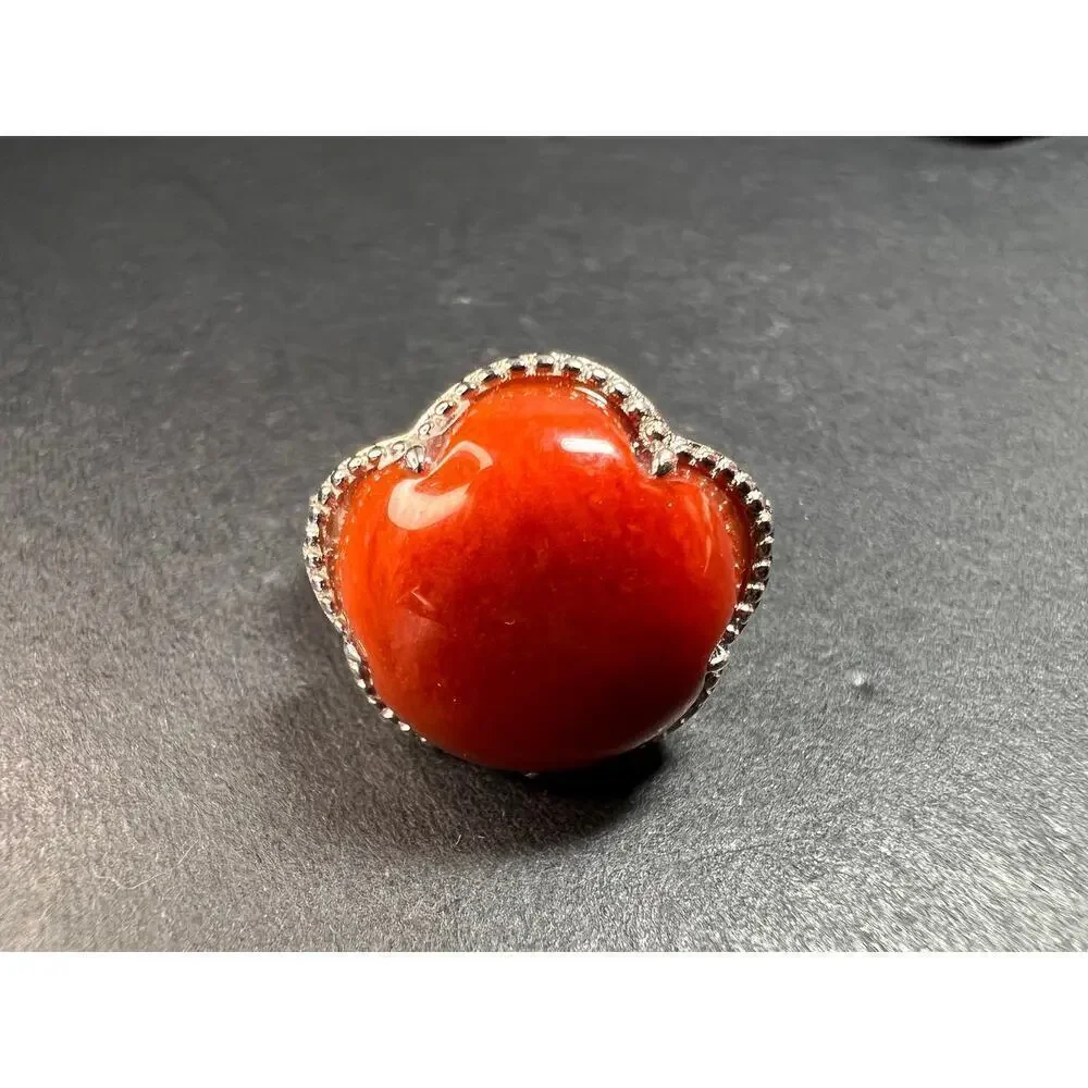 NEW cherry red jade and ruby blossom ring in rhodium over sterling silver size 6